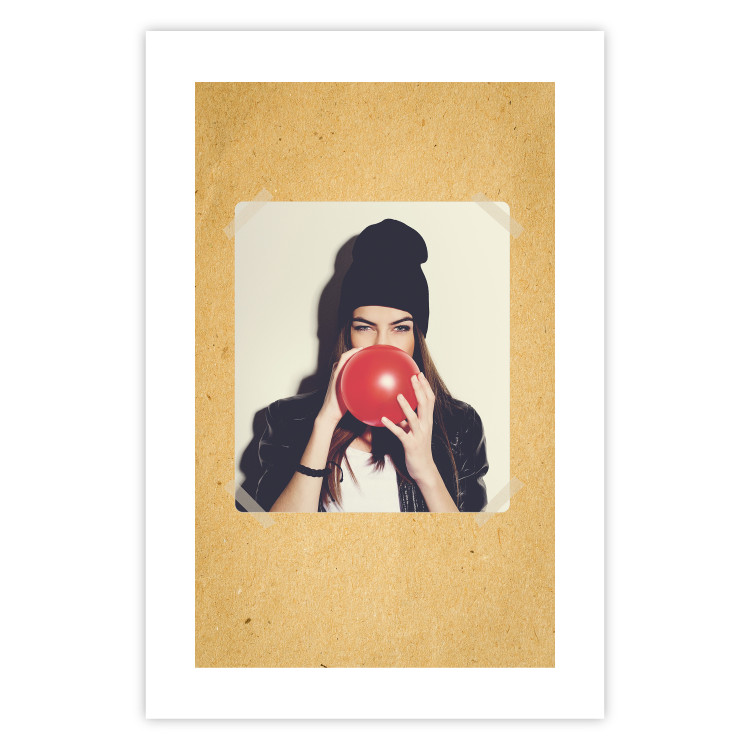 Poster Photo Portrait - figure of a young woman blowing a balloon against a cardboard background 117467 additionalImage 25