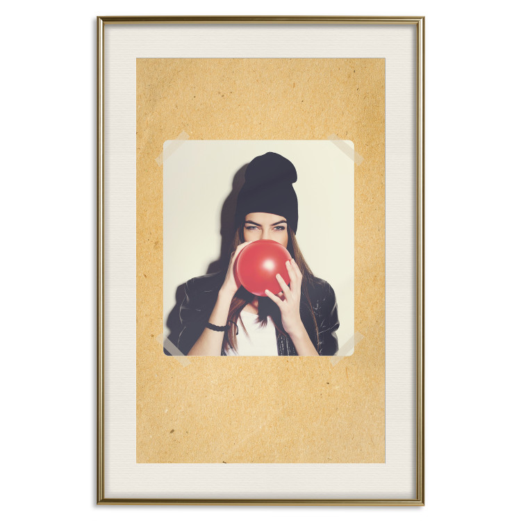 Poster Photo Portrait - figure of a young woman blowing a balloon against a cardboard background 117467 additionalImage 19