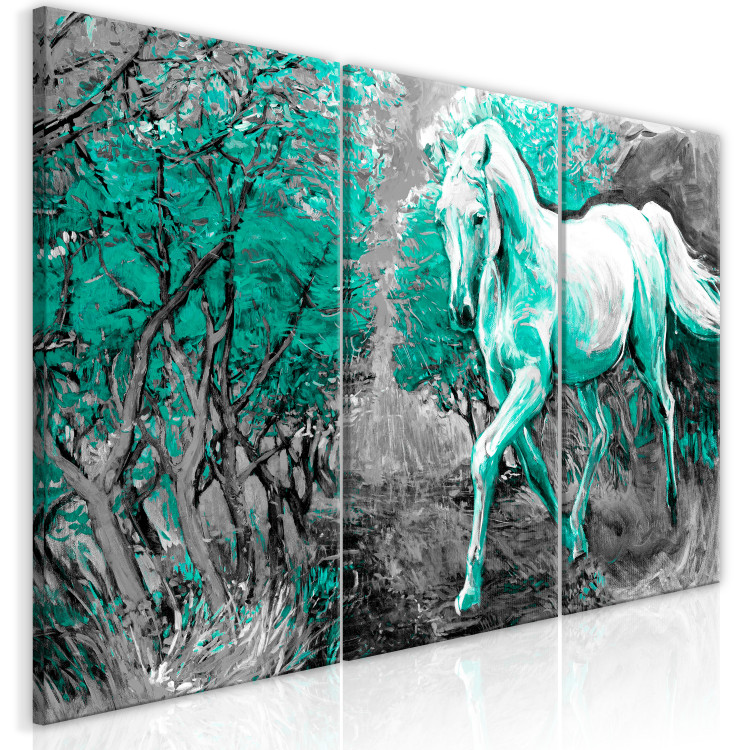 Canvas Art Print Galloping horse in turquoise light - animal silhouette with trees 123067 additionalImage 2
