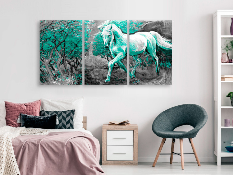 Canvas Art Print Galloping horse in turquoise light - animal silhouette with trees 123067 additionalImage 3