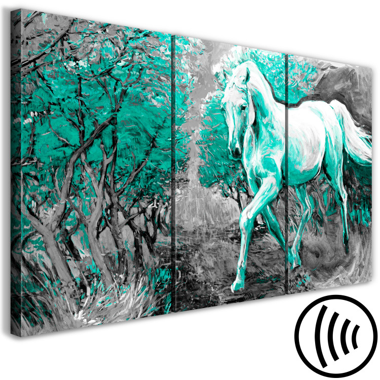 Canvas Art Print Galloping horse in turquoise light - animal silhouette with trees 123067 additionalImage 6
