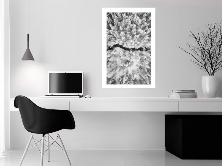 Poster Cold Stream - black and white winter landscape of a snow-covered forest 123367 additionalImage 2