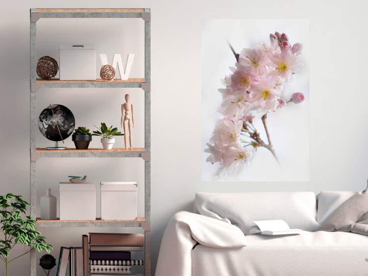 Poster Spring in Japan - branch with pink flowers on a bright white background 125867 additionalImage 20