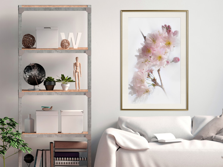 Poster Spring in Japan - branch with pink flowers on a bright white background 125867 additionalImage 22