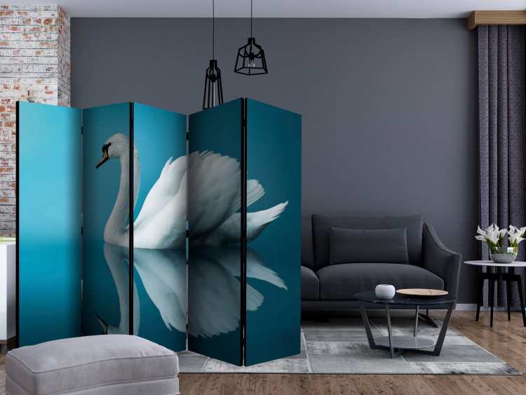 Room Divider Screen Swan - Reflection II (5-piece) - white bird amidst blue water 132567 additionalImage 4