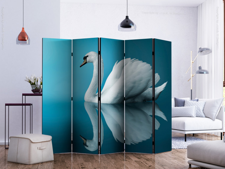 Room Divider Screen Swan - Reflection II (5-piece) - white bird amidst blue water 132567 additionalImage 2