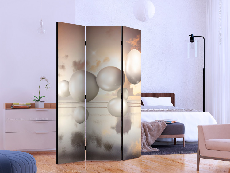 Folding Screen Morning Jewels (3-piece) - 3D abstraction with spheres on a water background 133067 additionalImage 2
