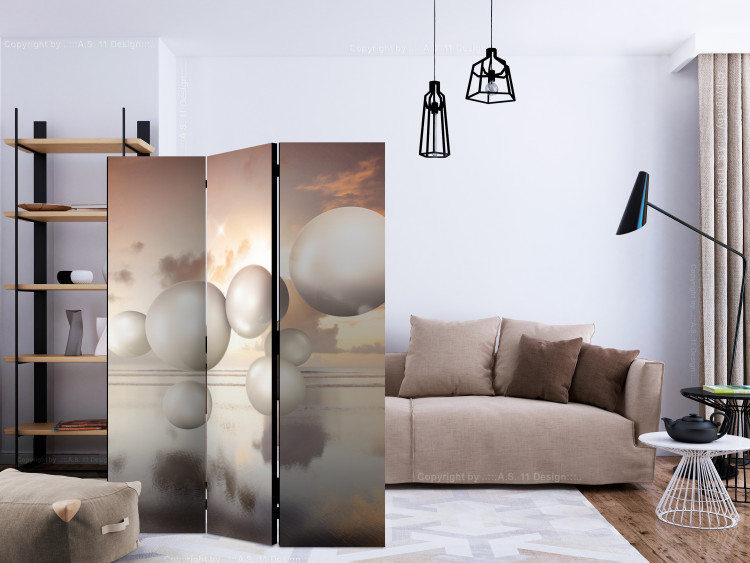Folding Screen Morning Jewels (3-piece) - 3D abstraction with spheres on a water background 133067 additionalImage 4