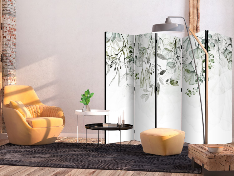 Room Separator Misty Nature - Green II (5-piece) - Delicate plants on white 136167 additionalImage 2