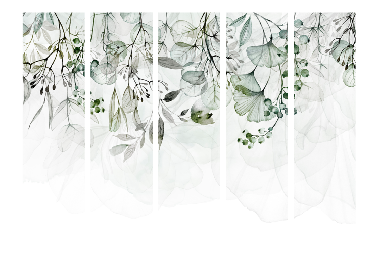 Room Separator Misty Nature - Green II (5-piece) - Delicate plants on white 136167 additionalImage 3