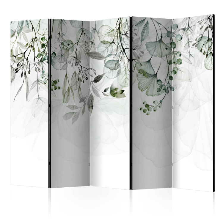 Room Separator Misty Nature - Green II (5-piece) - Delicate plants on white 136167