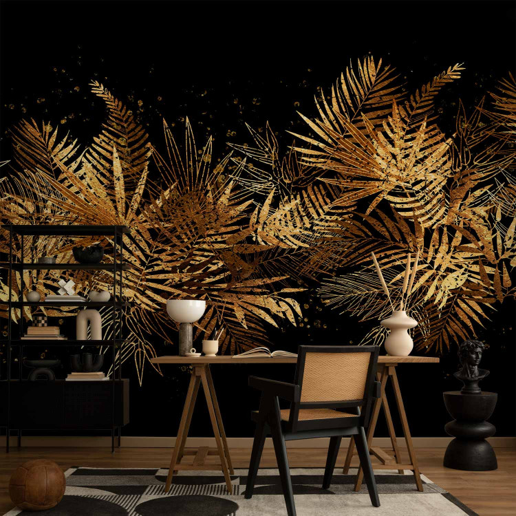 Photo Wallpaper Jungle and plume - golden tropical leaves motif on black background 143167 additionalImage 4