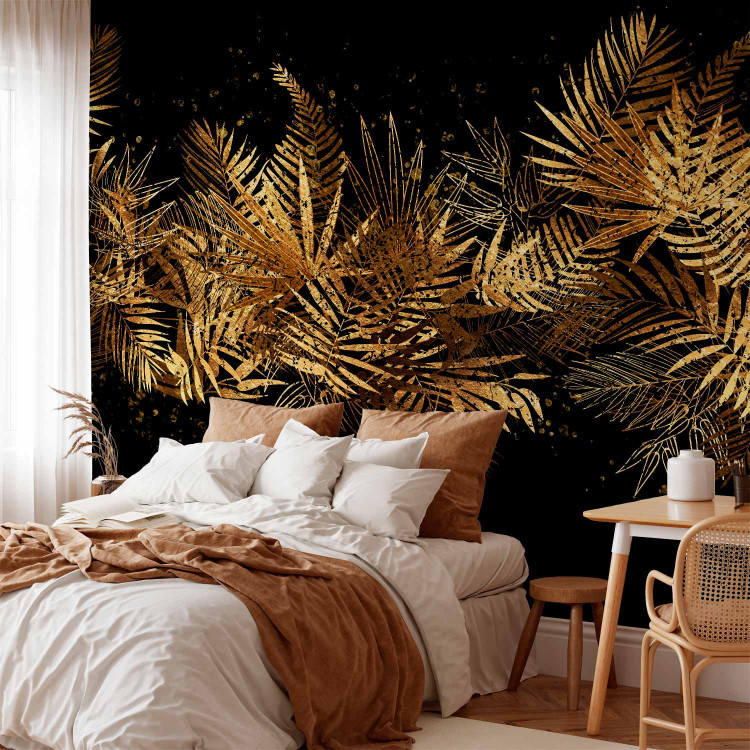 Photo Wallpaper Jungle and plume - golden tropical leaves motif on black background 143167 additionalImage 2