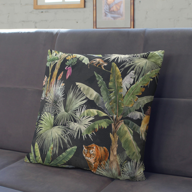 Decorative Microfiber Pillow In the jungle - palm trees, tiger and monkey on dark background cushions 146967 additionalImage 2