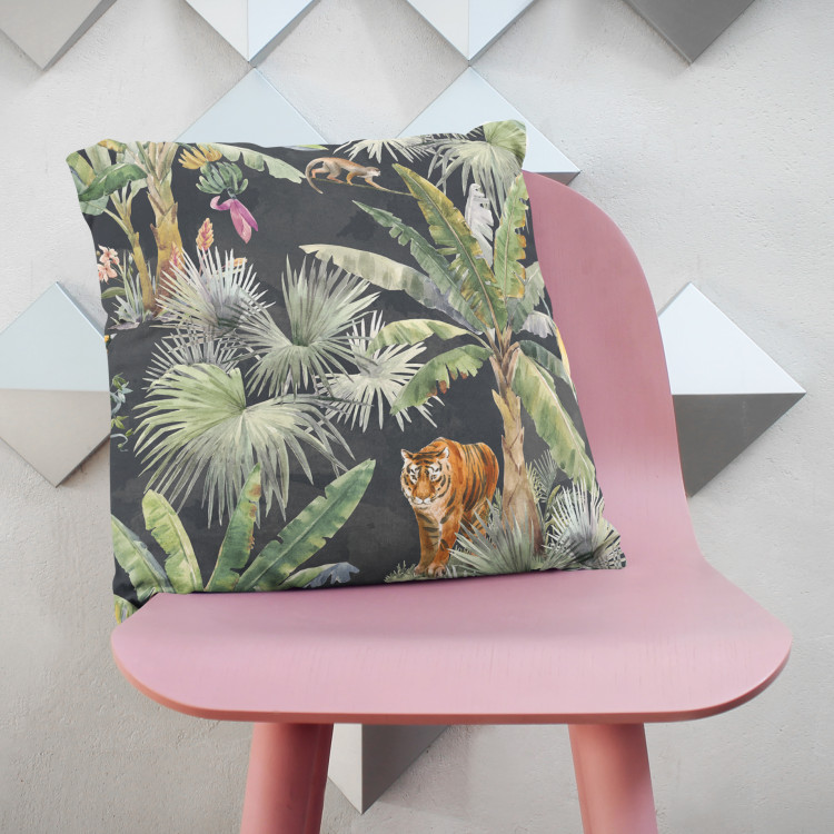 Decorative Microfiber Pillow In the jungle - palm trees, tiger and monkey on dark background cushions 146967 additionalImage 3