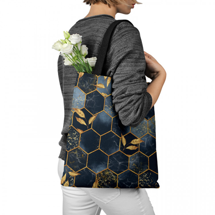 Shopping Bag Geometry and leaves - composition in shades of blue and gold 147467 additionalImage 3