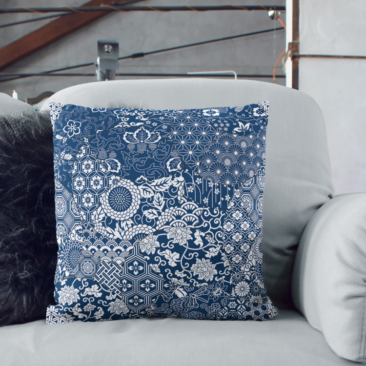 Decorative Microfiber Pillow Floral mosaic - composition in shades of blue and white cushions 147667 additionalImage 6