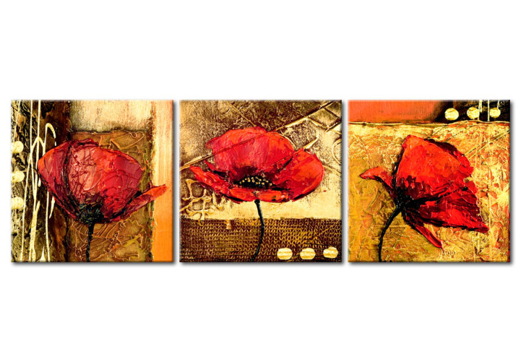 Canvas Print Golden Pattern and Poppies (3-piece) - Red flowers on a fancy background 48567