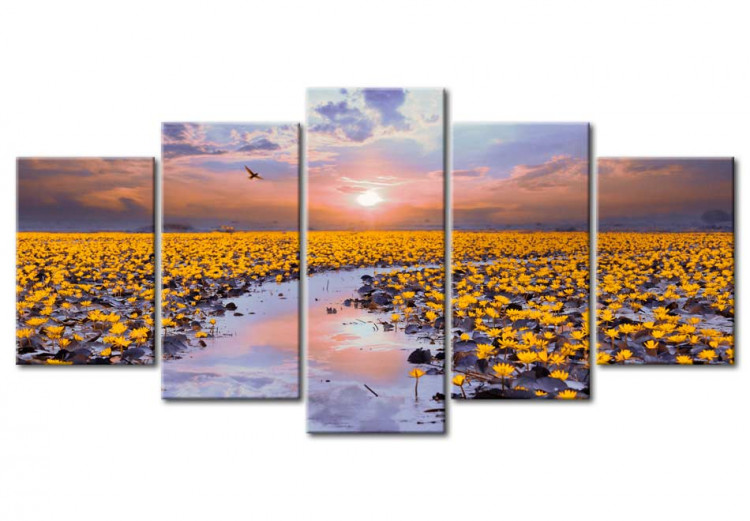 Canvas Flowery river - a landscape full of flowers on the water at sunset 90567