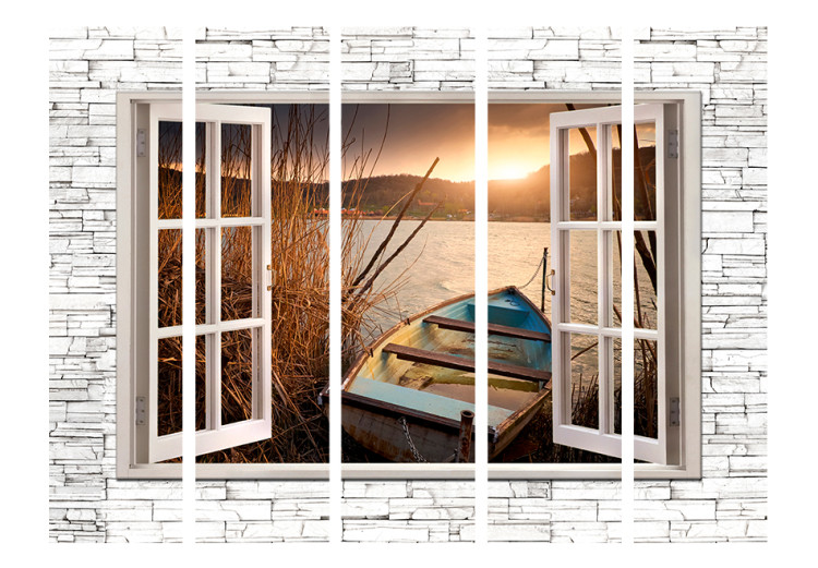 Folding Screen Autumn Lake II - window on a stone texture overlooking a boat 95967 additionalImage 3