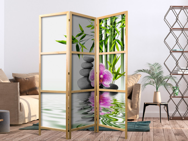Room Divider Water Garden - stones and pink flower against a bamboo background in a Zen motif 122677 additionalImage 6
