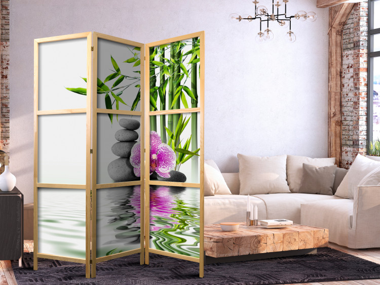 Room Divider Water Garden - stones and pink flower against a bamboo background in a Zen motif 122677 additionalImage 8