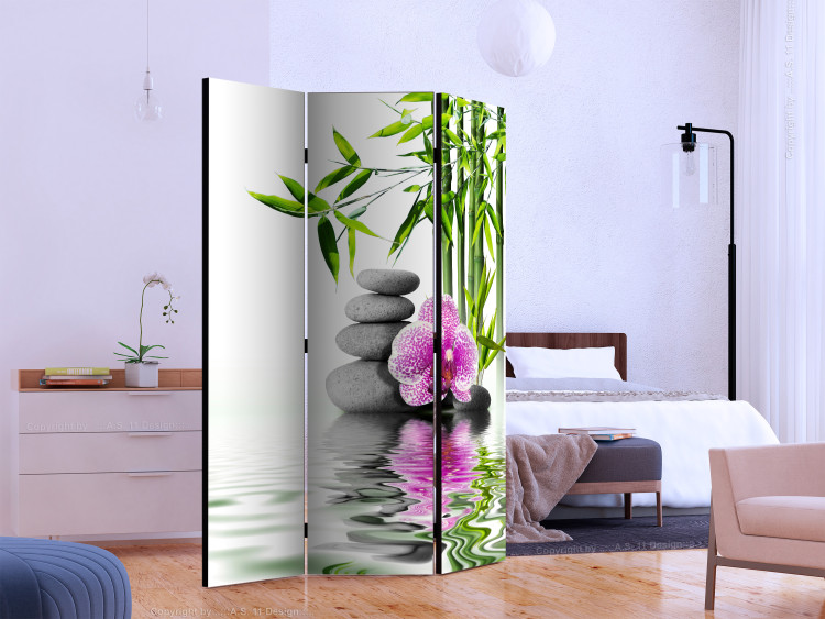Room Divider Water Garden - stones and pink flower against a bamboo background in a Zen motif 122677 additionalImage 2