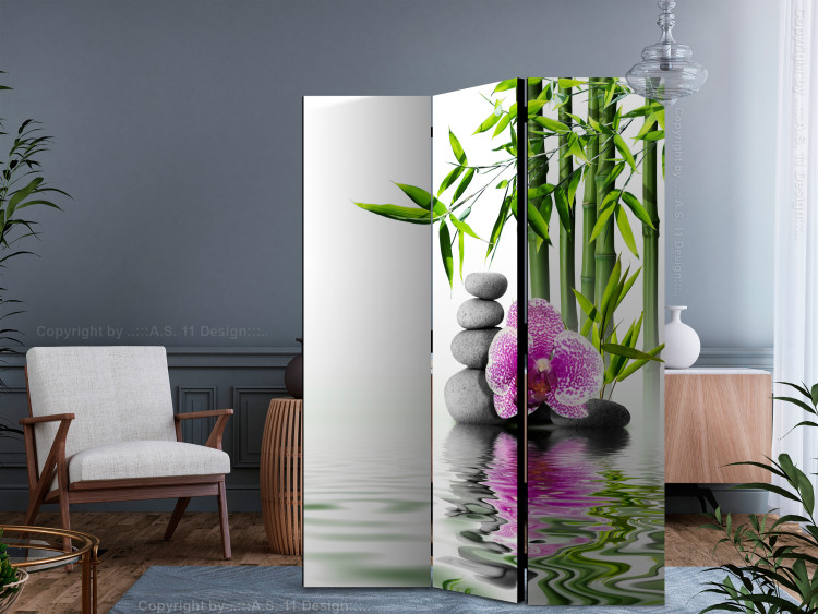 Room Divider Water Garden - stones and pink flower against a bamboo background in a Zen motif 122677 additionalImage 4