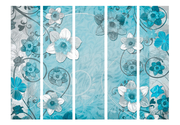 Room Separator Scent of Spring II (5-piece) - abstraction with blue flowers and leaves 124277 additionalImage 3