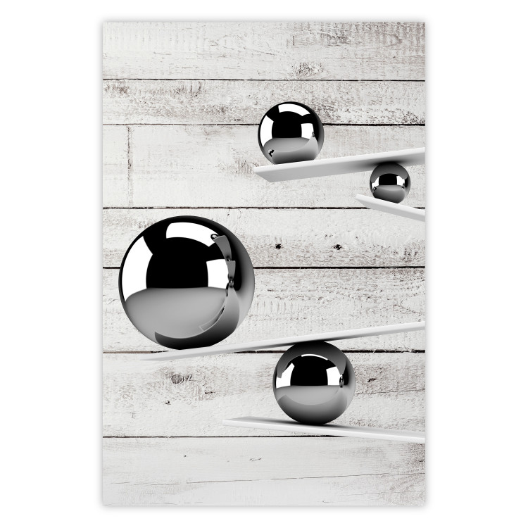 Poster Perfect Balance - abstract metal balls on a wooden background 125177