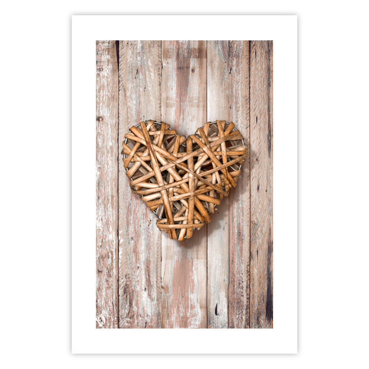 Poster Warm Heart - brown heart with a bouquet on a wooden texture 125277 additionalImage 25