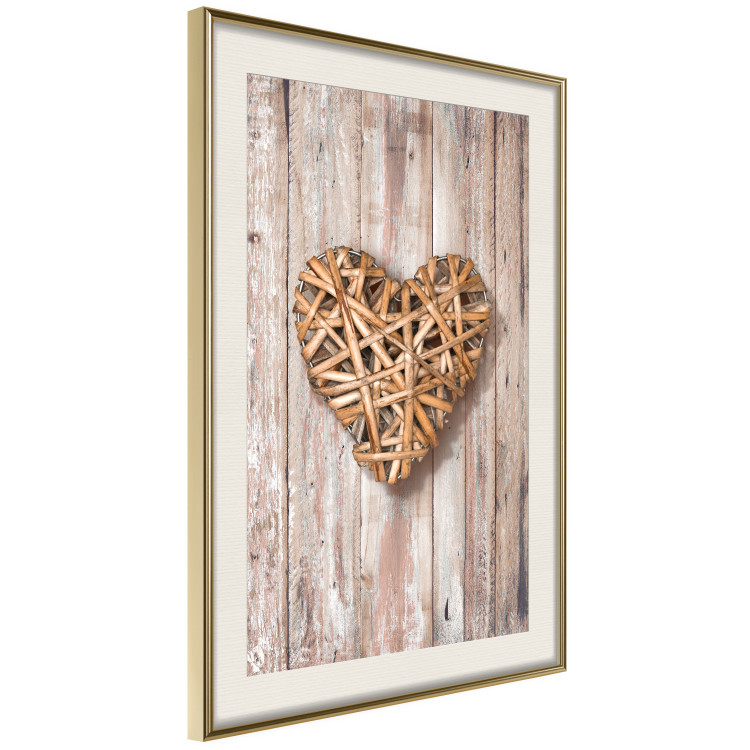 Poster Warm Heart - brown heart with a bouquet on a wooden texture 125277 additionalImage 2
