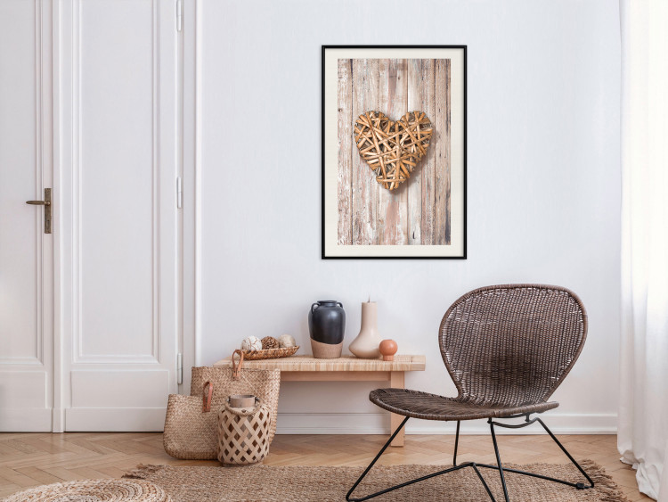 Poster Warm Heart - brown heart with a bouquet on a wooden texture 125277 additionalImage 22