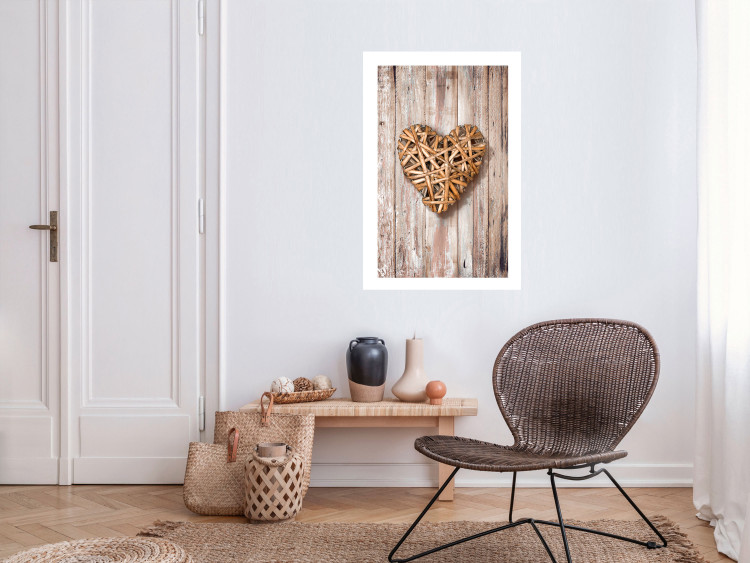 Poster Warm Heart - brown heart with a bouquet on a wooden texture 125277 additionalImage 2