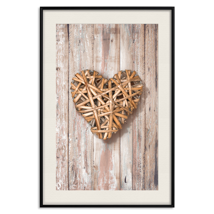 Poster Warm Heart - brown heart with a bouquet on a wooden texture 125277 additionalImage 18