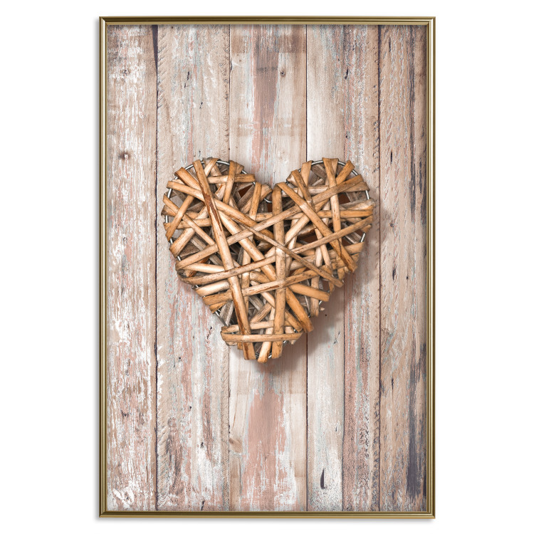 Poster Warm Heart - brown heart with a bouquet on a wooden texture 125277 additionalImage 20