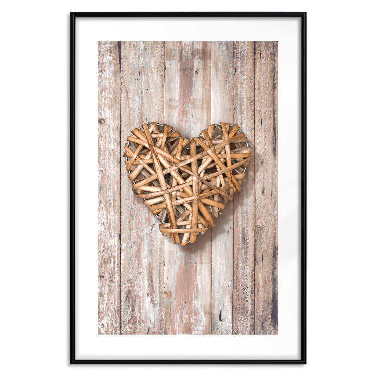 Poster Warm Heart - brown heart with a bouquet on a wooden texture 125277 additionalImage 15