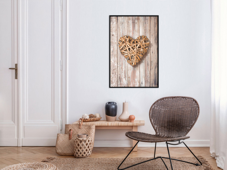 Poster Warm Heart - brown heart with a bouquet on a wooden texture 125277 additionalImage 5