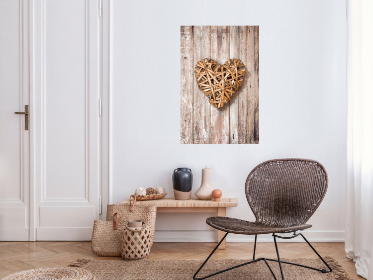 Poster Warm Heart - brown heart with a bouquet on a wooden texture 125277 additionalImage 17