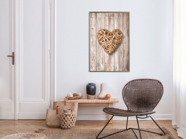 Poster Warm Heart - brown heart with a bouquet on a wooden texture 125277 additionalImage 5