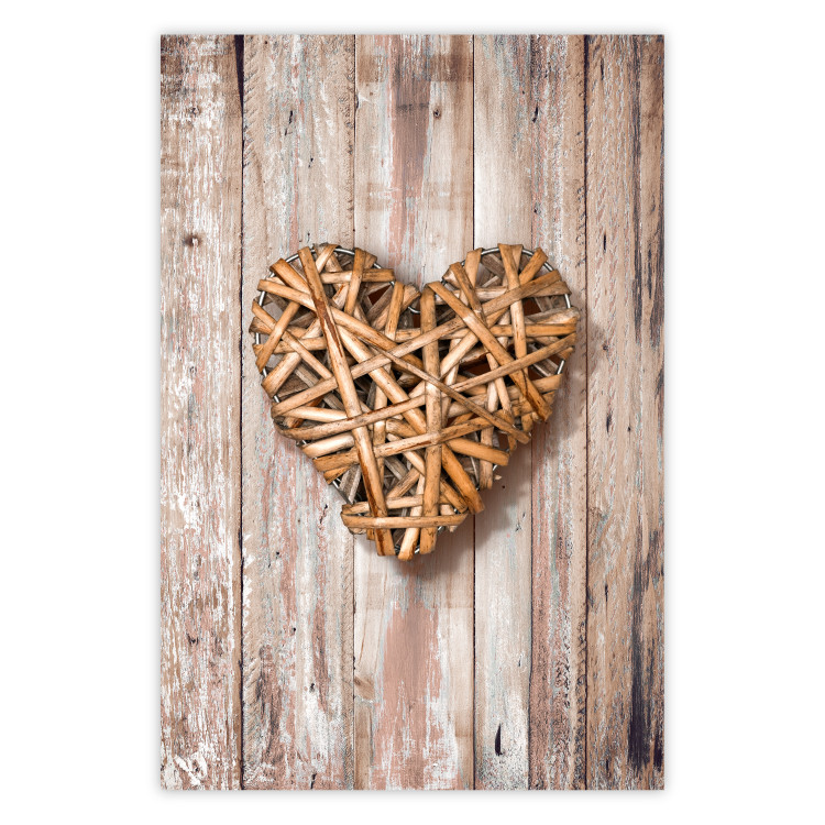Poster Warm Heart - brown heart with a bouquet on a wooden texture 125277