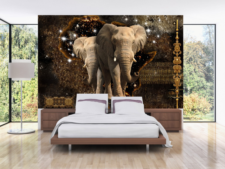 Photo Wallpaper Elephants on Africa contours background - abstract on brown background 125777