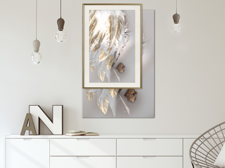 Poster Fallen Angel - abstract composition of white feathers with golden accent 127877 additionalImage 24