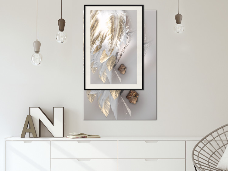 Poster Fallen Angel - abstract composition of white feathers with golden accent 127877 additionalImage 25