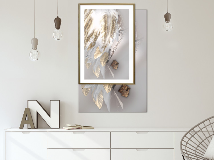 Poster Fallen Angel - abstract composition of white feathers with golden accent 127877 additionalImage 23