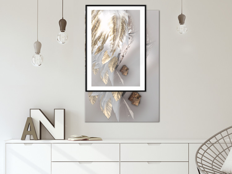 Poster Fallen Angel - abstract composition of white feathers with golden accent 127877 additionalImage 22