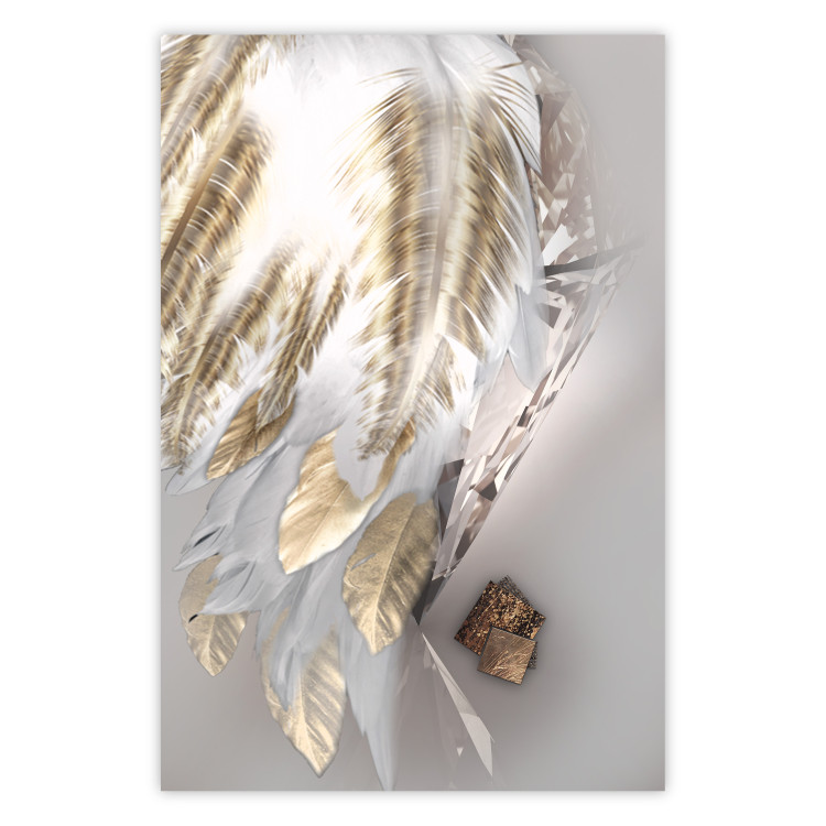 Poster Fallen Angel - abstract composition of white feathers with golden accent 127877