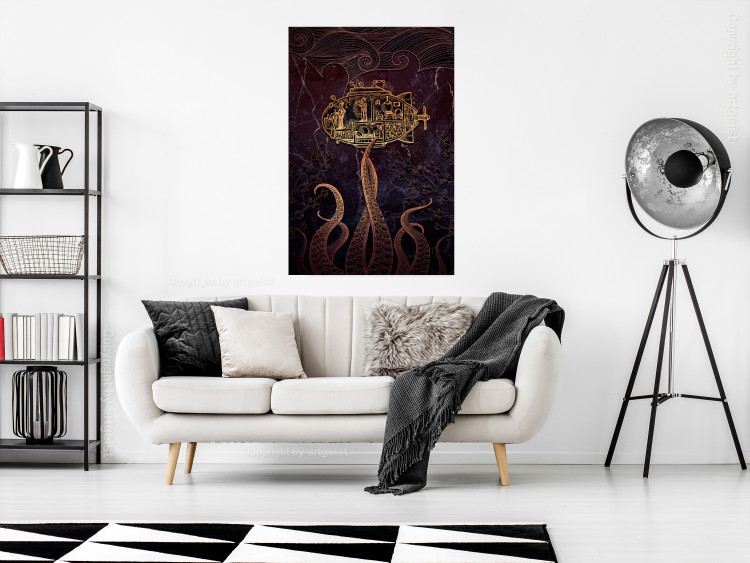 Wall Poster Golden Submarine - maritime abstraction with the ocean and an octopus 129377 additionalImage 2
