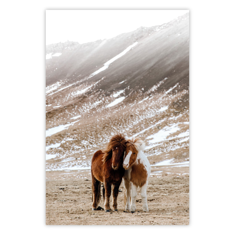 Poster Warm Friendship - autumn landscape of a pair of animals against a mountain backdrop 130377