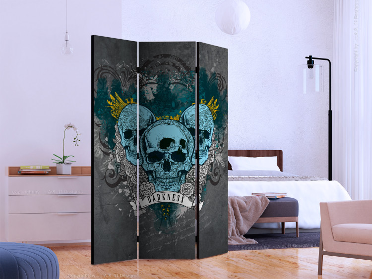 Room Separator Darkness (3-piece) - blue skulls and white flowers on gray background 133277 additionalImage 2